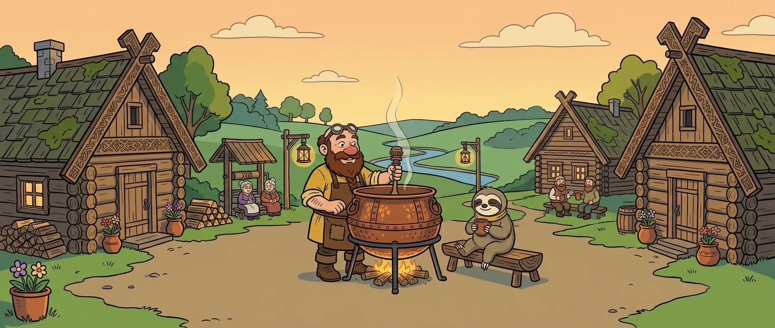 Osada Zwolnice o zmierzchu: druid Kakaoramix miesza w miedzianym kotle, obok leniwiec Powolix pije z kubka.